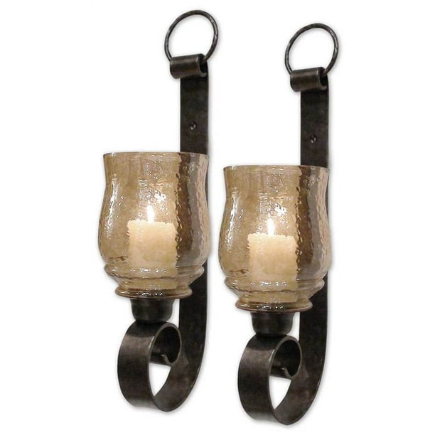 2 Lantern Wall Sconce Set-Large Coal Miner Style-Clear Glass 
